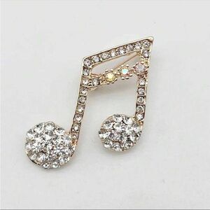 BNIB Elegant Style Music Note Rhinestone Brooch Gold Tone Unisex Timeless Gift